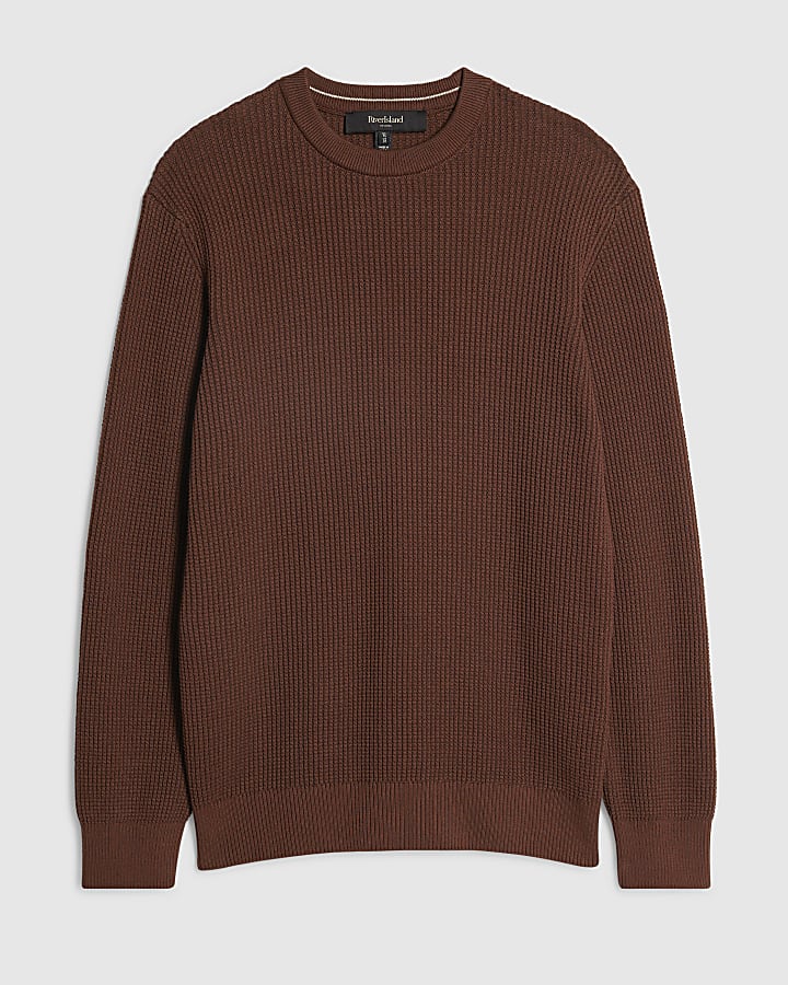Brown Slim Fit Waffle Knit Jumper