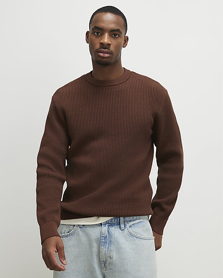Brown Slim Fit Waffle Knit Jumper