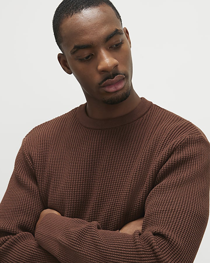 Brown Slim Fit Waffle Knit Jumper