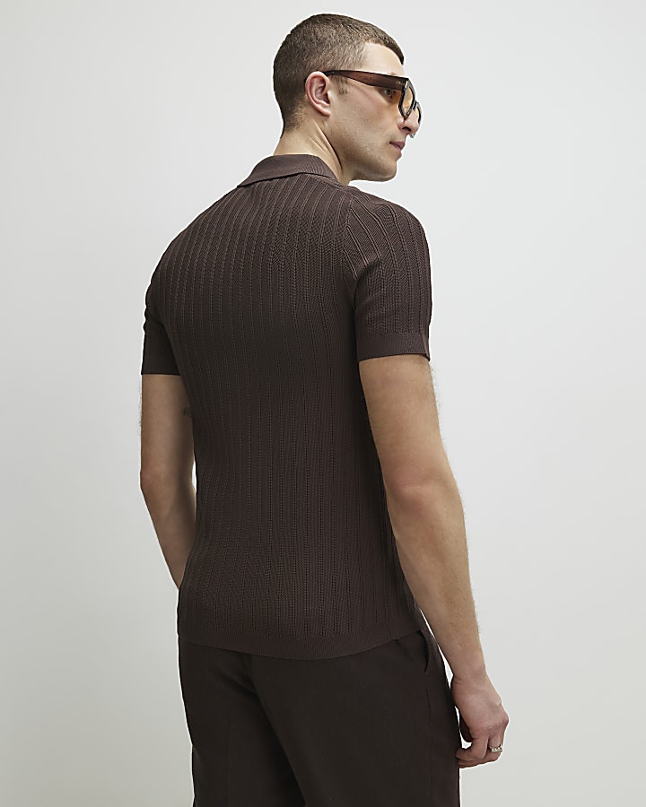 Brown Muscle Fit Ribbed Polo Shirt