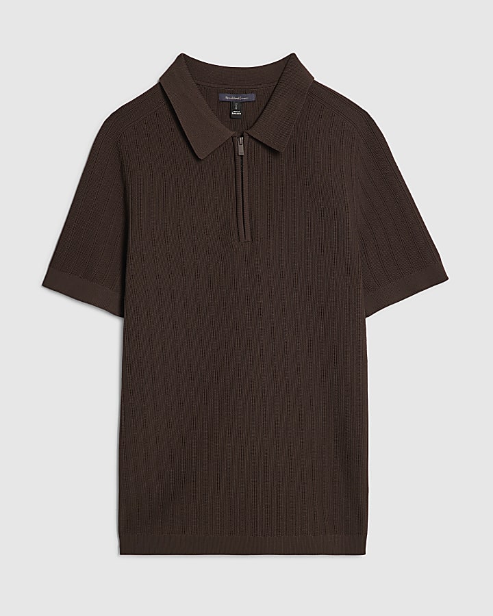 Brown Muscle Fit Ribbed Polo Shirt