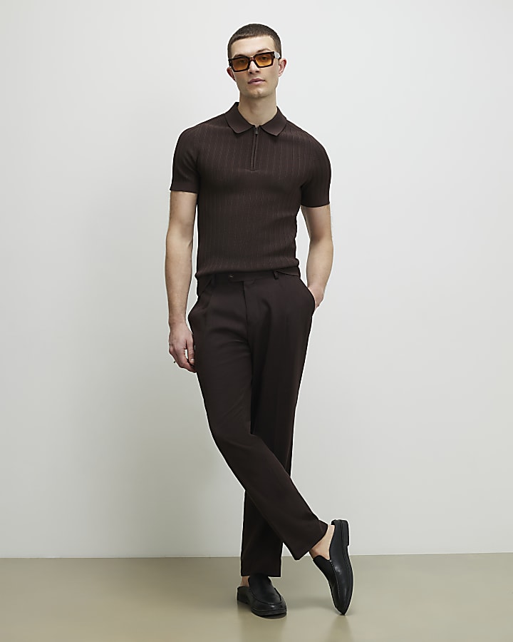 Brown Muscle Fit Ribbed Polo Shirt