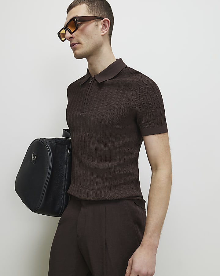 Brown Muscle Fit Ribbed Polo Shirt