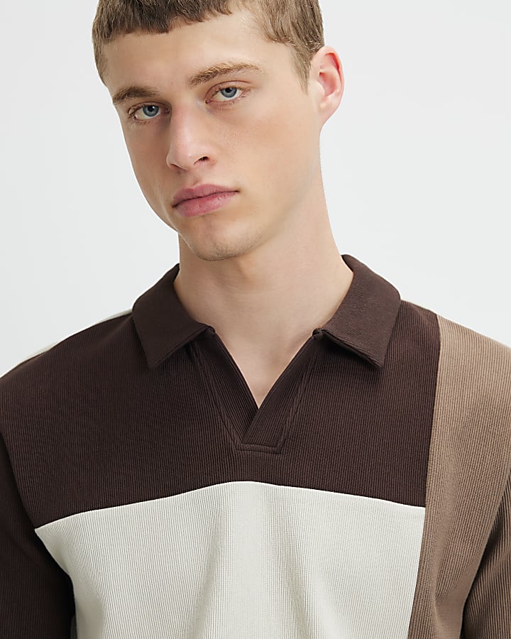 Brown Slim Fit Colour Block Polo Shirt