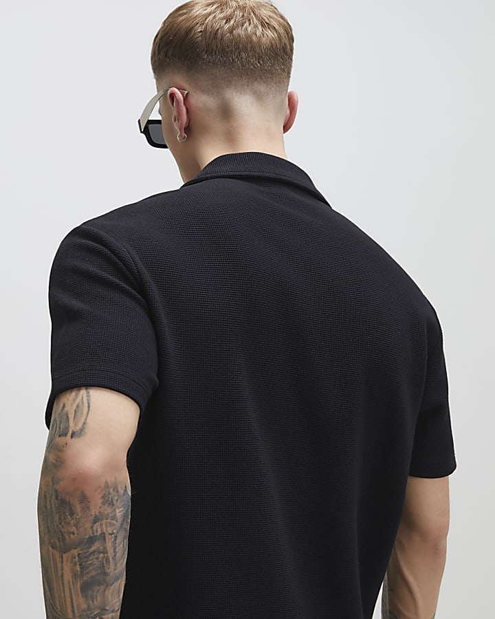 Black Regular Fit Waffle Polo Shirt