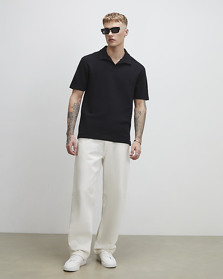 Black Regular Fit Waffle Polo Shirt