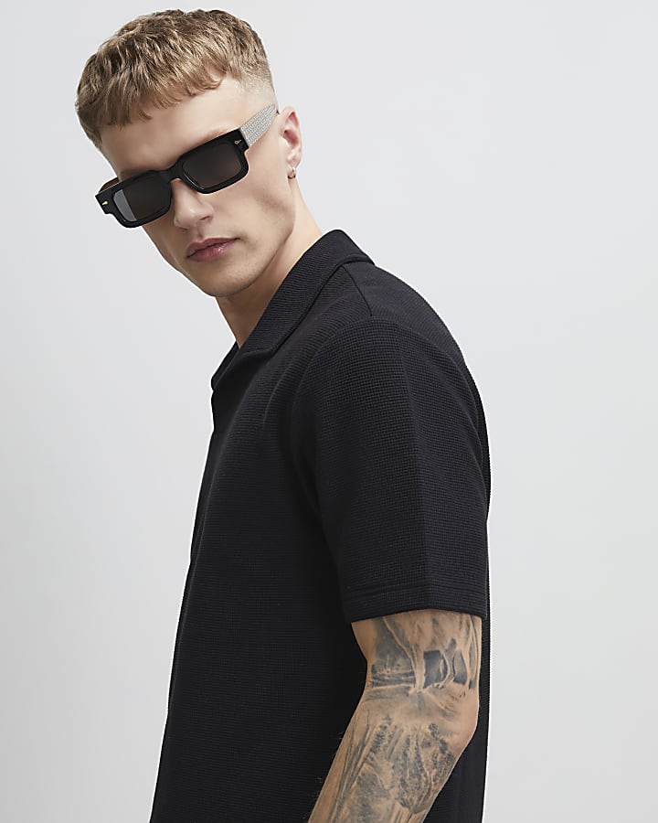 Black Regular Fit Waffle Polo Shirt
