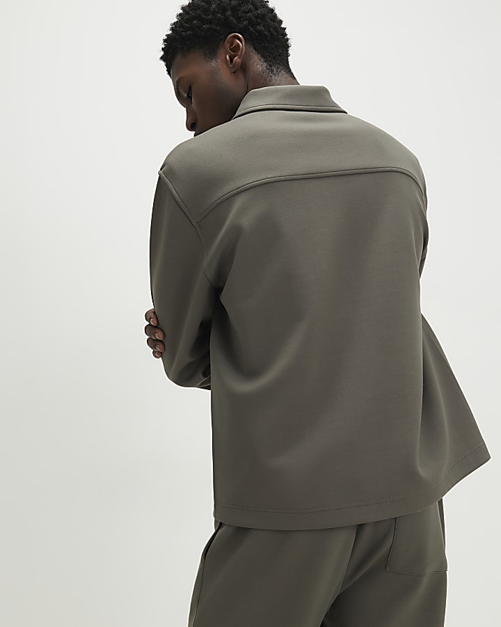 Khaki Regular Fit Monogram Zipped Shacket