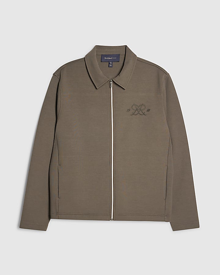 Khaki Regular Fit Monogram Zipped Shacket
