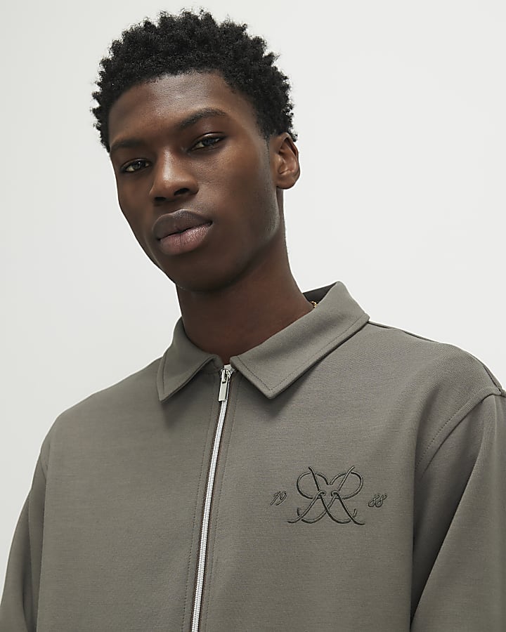 Khaki Regular Fit Monogram Zipped Shacket
