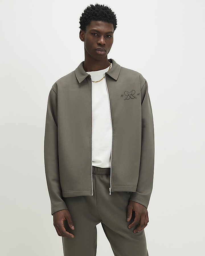 Khaki Regular Fit Monogram Zipped Shacket