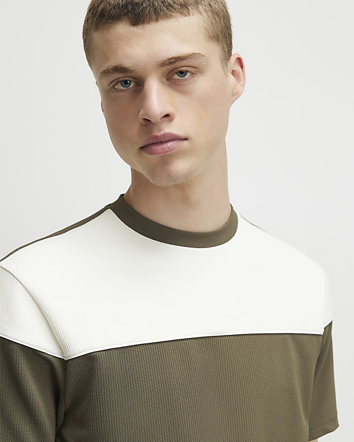 Khaki Slim Fit Colour Block T-Shirt