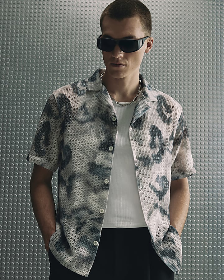 Black Regular Fit Printed Crochet Shirt