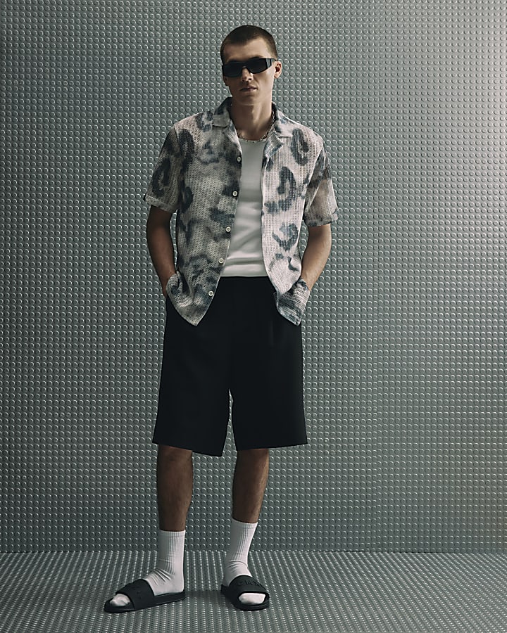 Black Regular Fit Printed Crochet Shirt