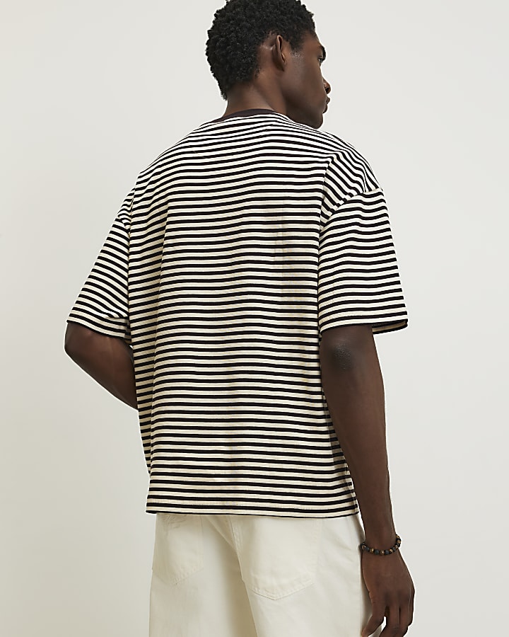Brown Oversized Fit Striped Pique T-Shirt