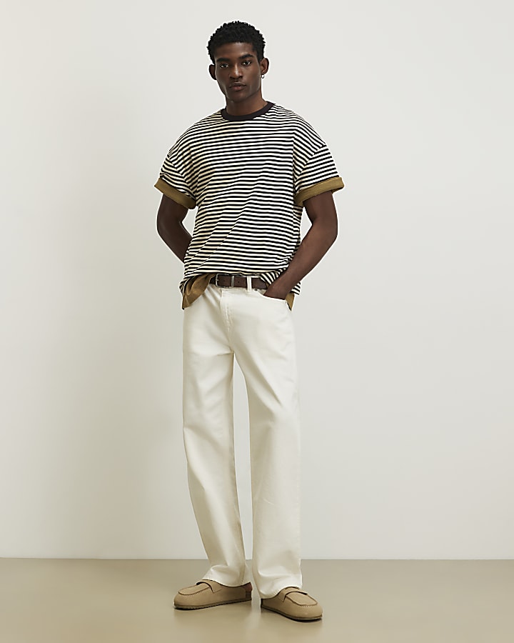 Brown Oversized Fit Striped Pique T-Shirt