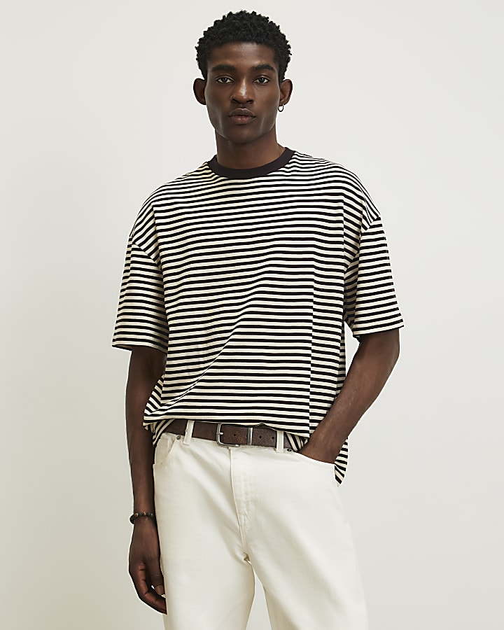 Brown Oversized Fit Striped Pique T-Shirt