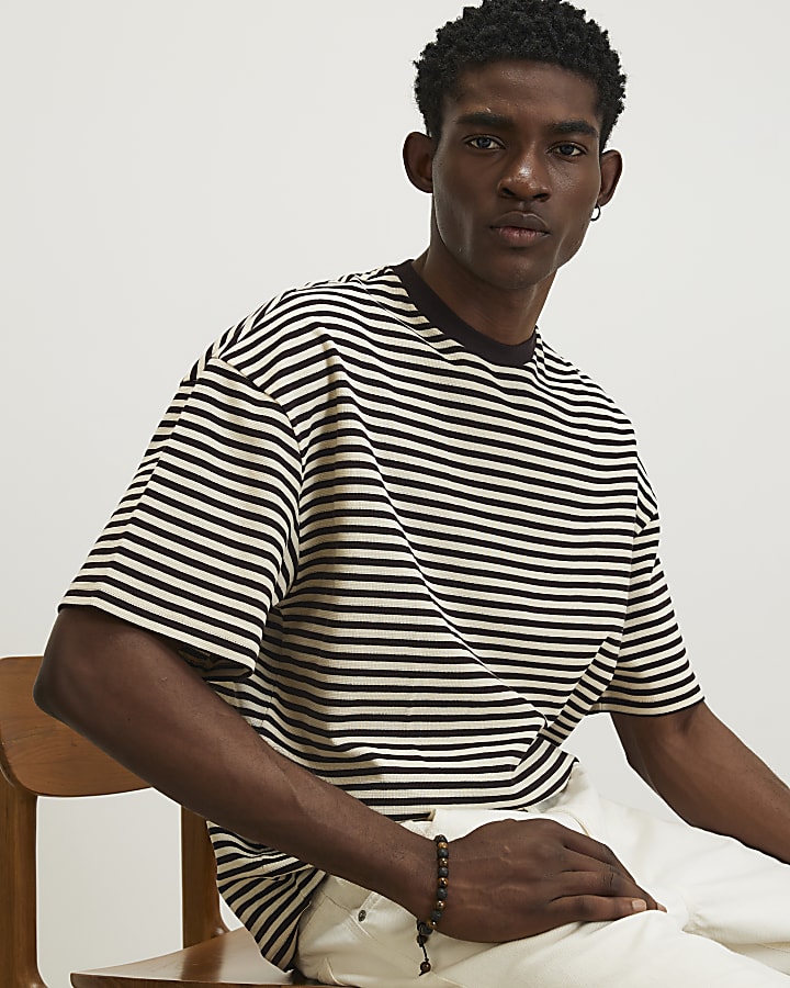 Brown Oversized Fit Striped Pique T-Shirt