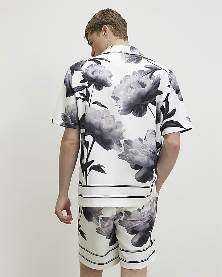 White Short Sleeve Monochrome Floral Shirt