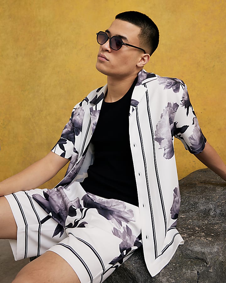 White Short Sleeve Monochrome Floral Shirt