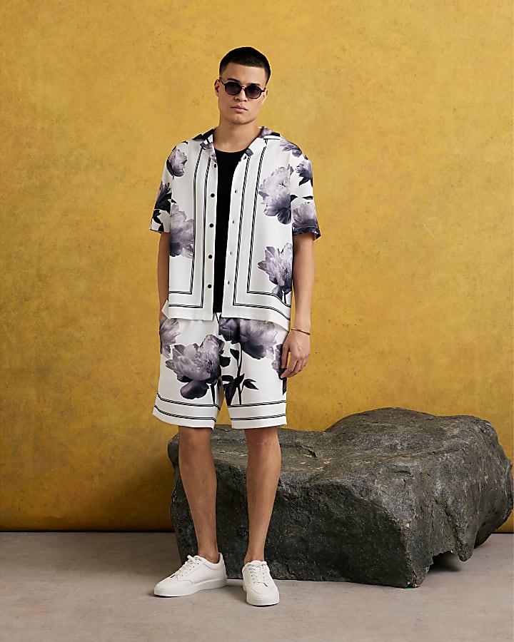 White Short Sleeve Monochrome Floral Shirt