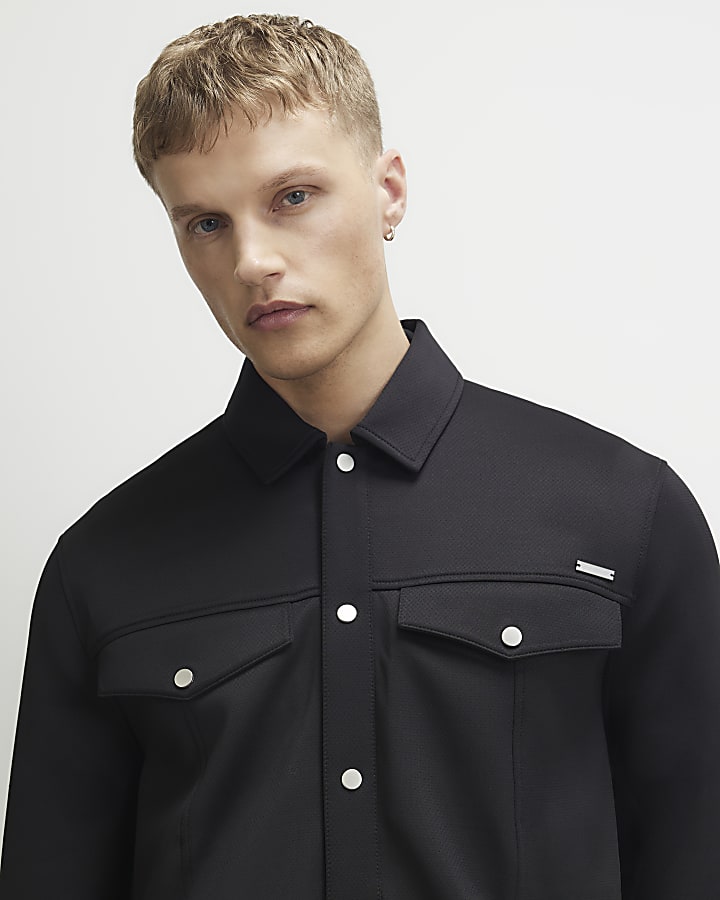Black Slim Fit Textured Overshirt