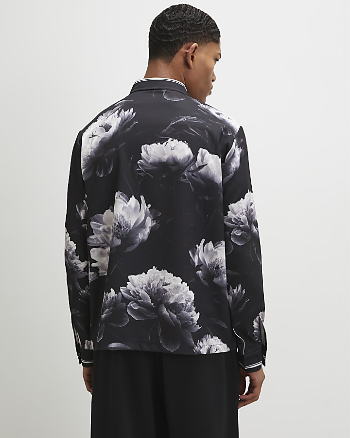 Black Regular Fit Floral Print Shirt