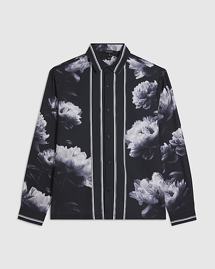 Black Regular Fit Floral Print Shirt