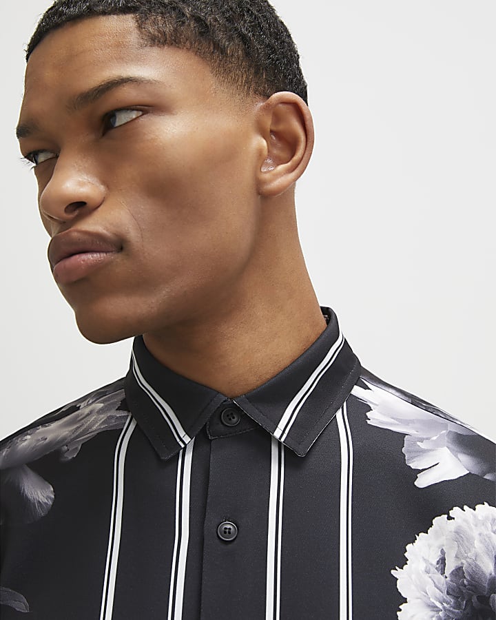 Black Regular Fit Floral Print Shirt