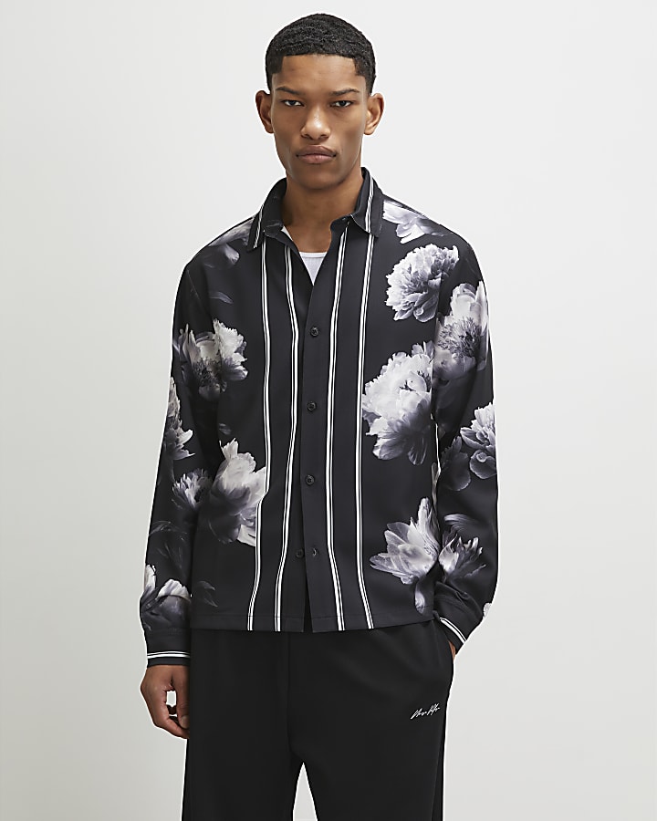 Black Regular Fit Floral Print Shirt