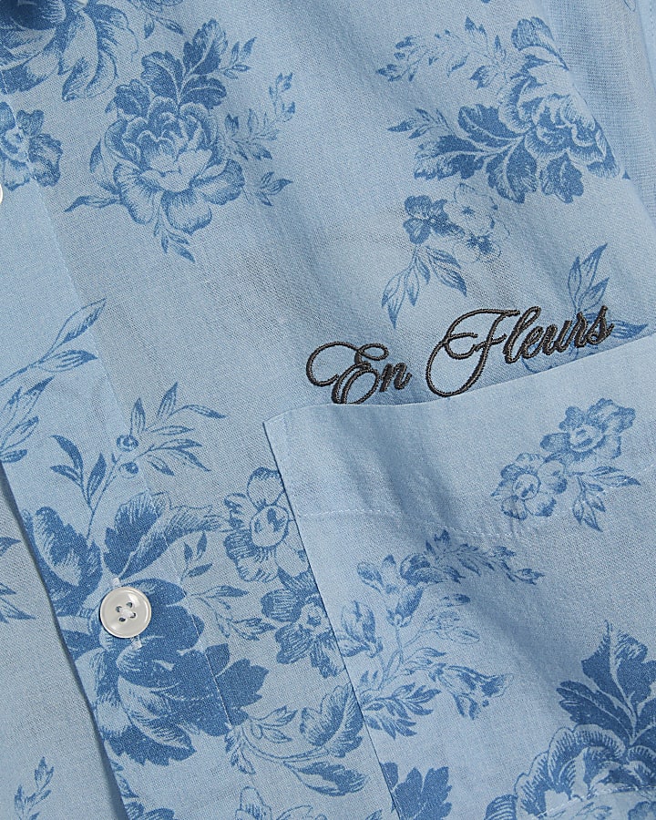 Blue Short Sleeve Floral Printed Shirt