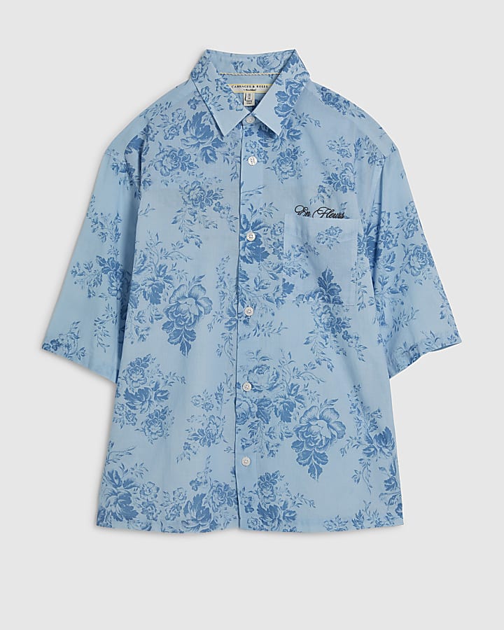 Blue Short Sleeve Floral Printed Shirt