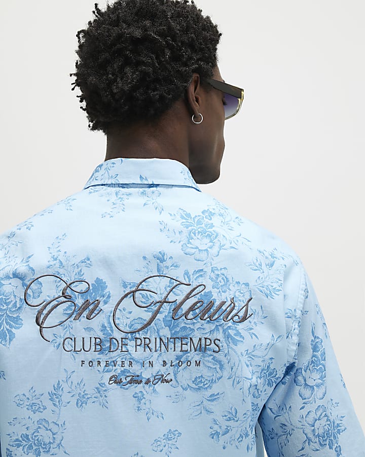 Blue Short Sleeve Floral Printed Shirt