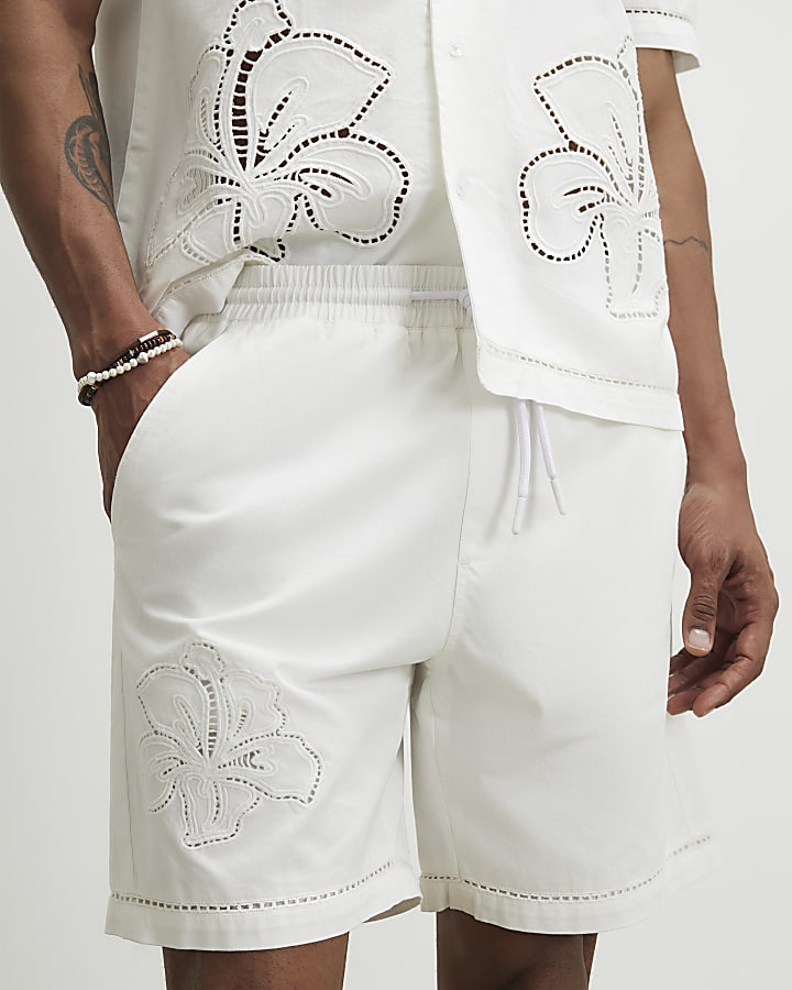 White Embroidered Shorts