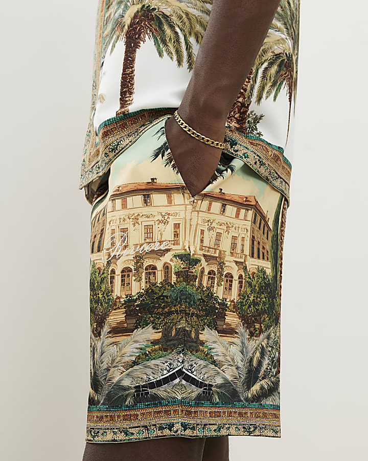 Green Palm Tree Print Pull On Shorts