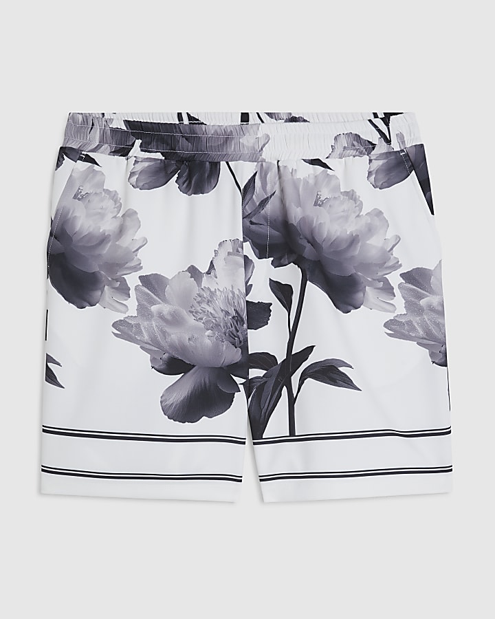 White Floral Pull On Swim Shorts