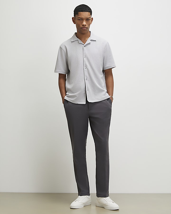 Grey Textured Slim Fit Trousers