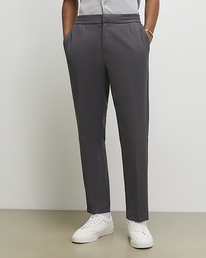 Grey Textured Slim Fit Trousers
