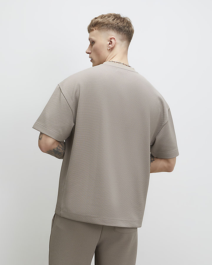 Beige Oversized Fit Waffle Textured T-Shirt