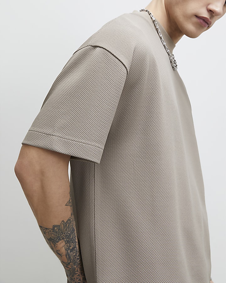 Beige Oversized Fit Waffle Textured T-Shirt