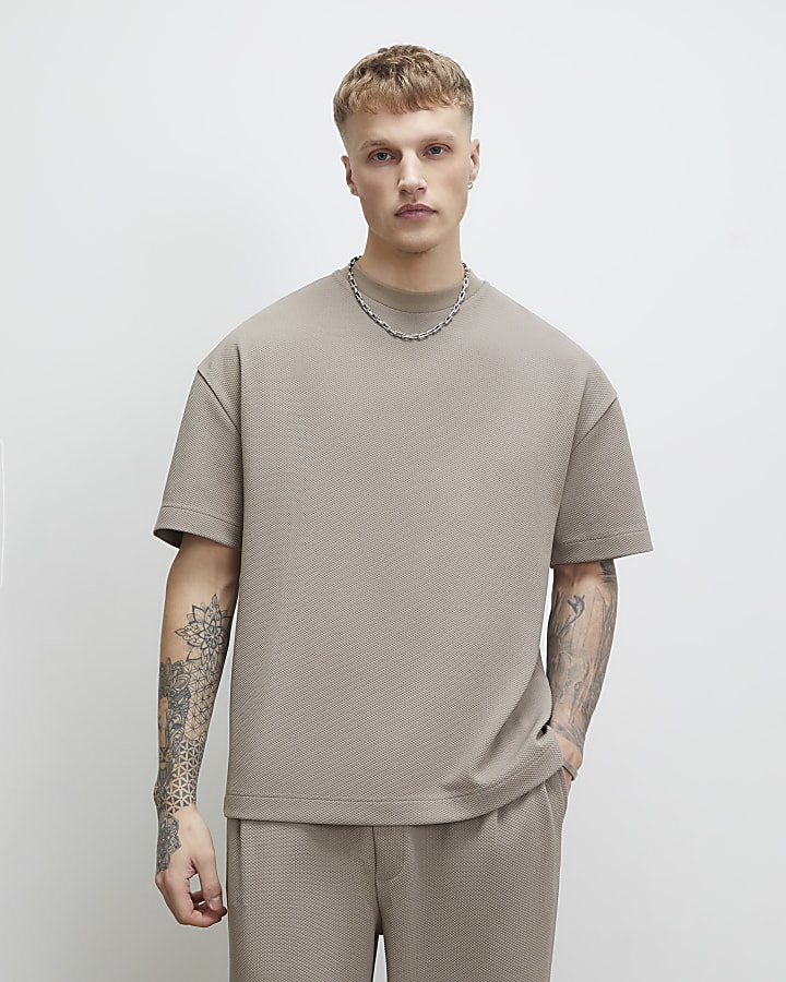 Beige Oversized Fit Waffle Textured T-Shirt