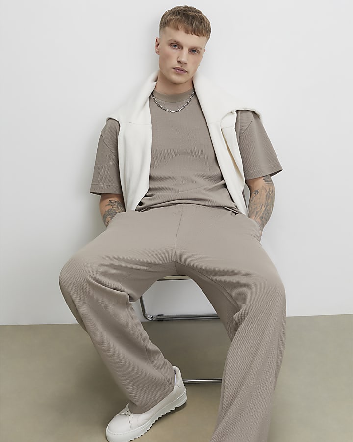 Beige Oversized Fit Waffle Textured T-Shirt