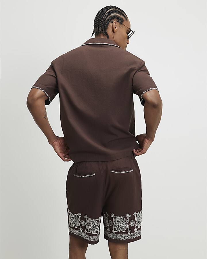 Brown Embroidered Shorts