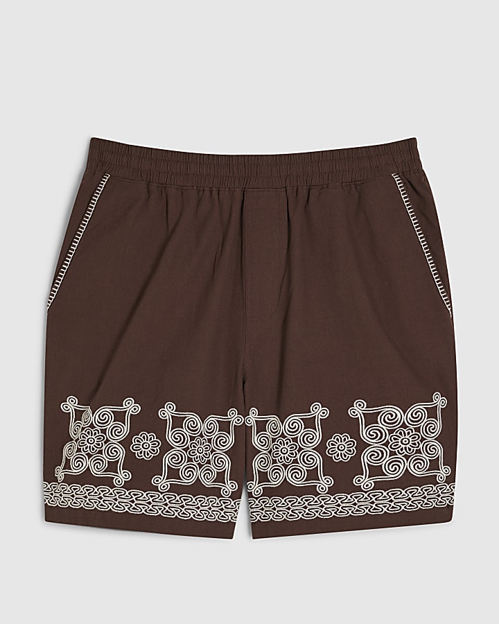 Brown Embroidered Shorts