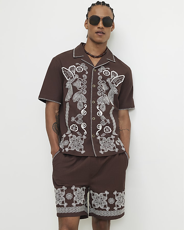 Brown Embroidered Shorts