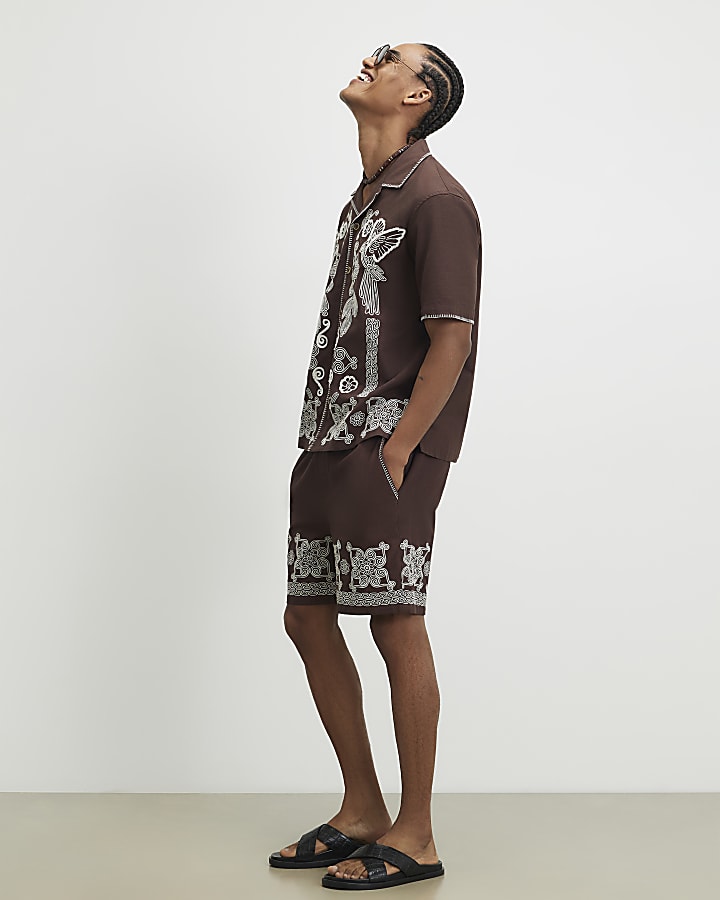 Brown Embroidered Shorts