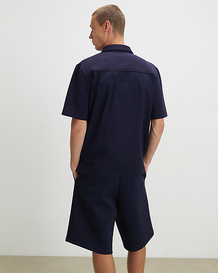 Navy Regular Fit Fabric Blocked Shirt
