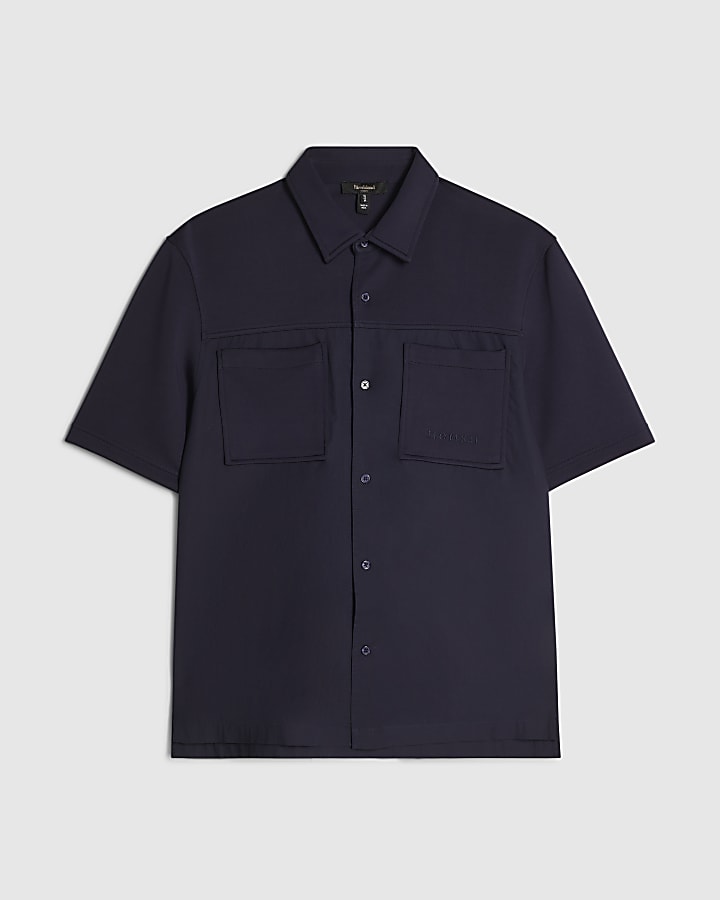 Navy Regular Fit Fabric Blocked Shirt