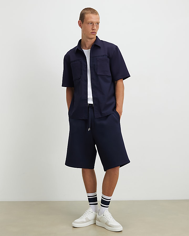 Navy Regular Fit Fabric Blocked Shirt