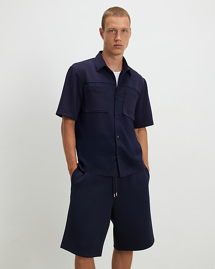 Navy Regular Fit Fabric Blocked Shirt